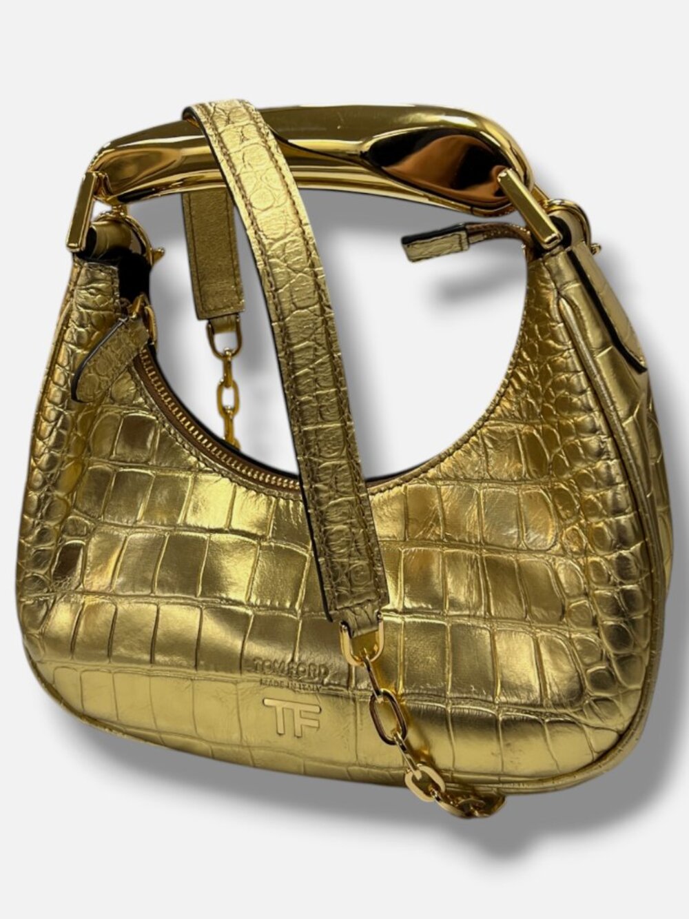 Tom Ford Women's Gold Calfskin Crocodile Embossed Mini Bianca Hobo Bag